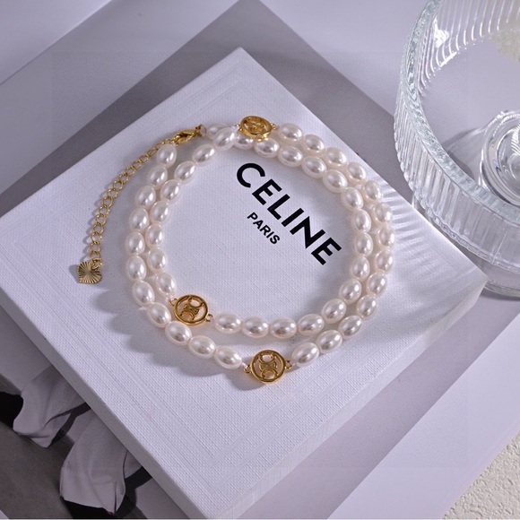 Celine White Pearl Necklace with Gold Emblems - Picture 3 of 5